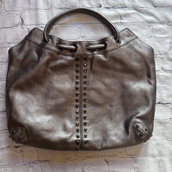 Michael Michael Kors Hobo Bag Studded Top Handle Leather Purse Silver Metallic L - Picture 9 of 14